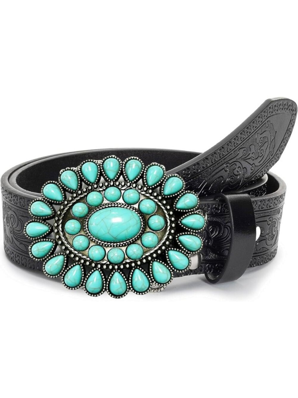 Unisex Black Leather Belt Western Vintage Belt Engraved Cowboy Cowgirl Belt